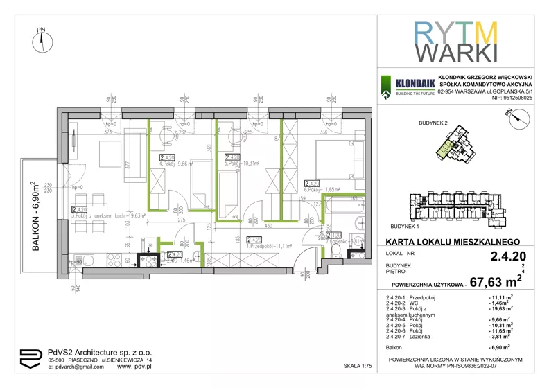 4 pokoje, mieszkanie 67,63 m², piętro 4, oferta nr 2.4.20, Rytm Warki, Warka, ul. Armii Krajowej 4A, 4B