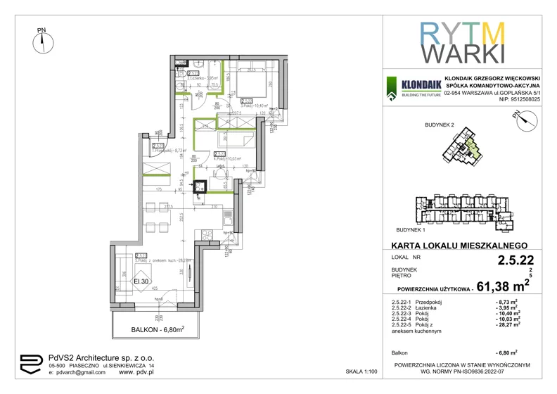 3 pokoje, mieszkanie 61,38 m², piętro 5, oferta nr 2.5.22, Rytm Warki, Warka, ul. Armii Krajowej 4A, 4B