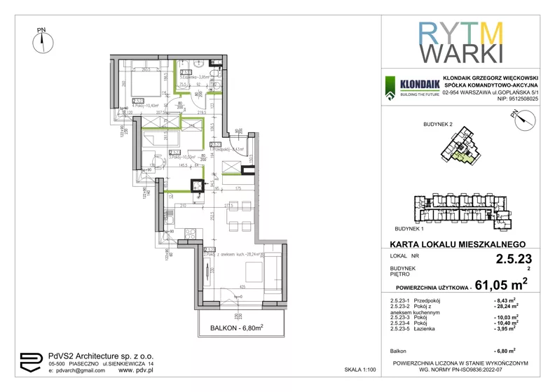 3 pokoje, mieszkanie 61,05 m², piętro 5, oferta nr 2.5.23, Rytm Warki, Warka, ul. Armii Krajowej 4A, 4B