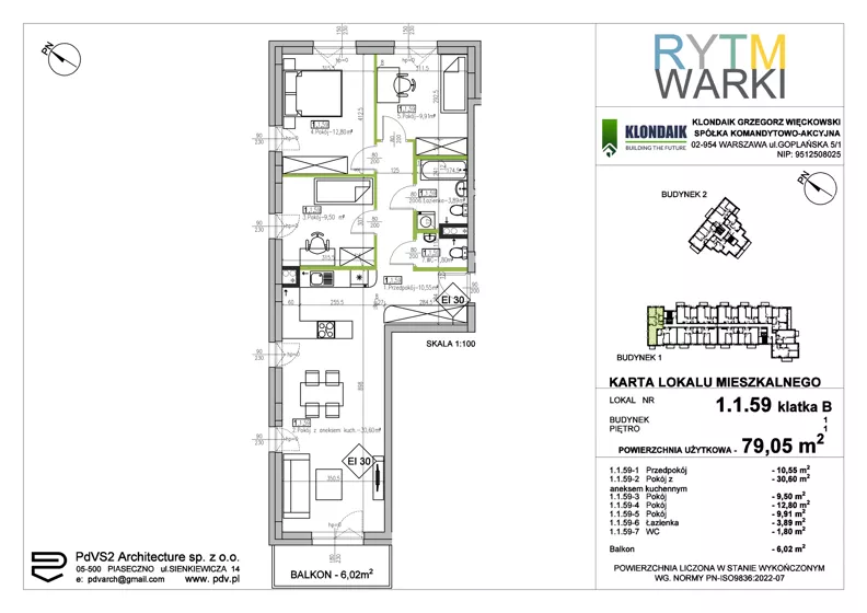 4 pokoje, mieszkanie 79,05 m², piętro 1, oferta nr 1.B.1.59, Rytm Warki, Warka, ul. Armii Krajowej 4A, 4B