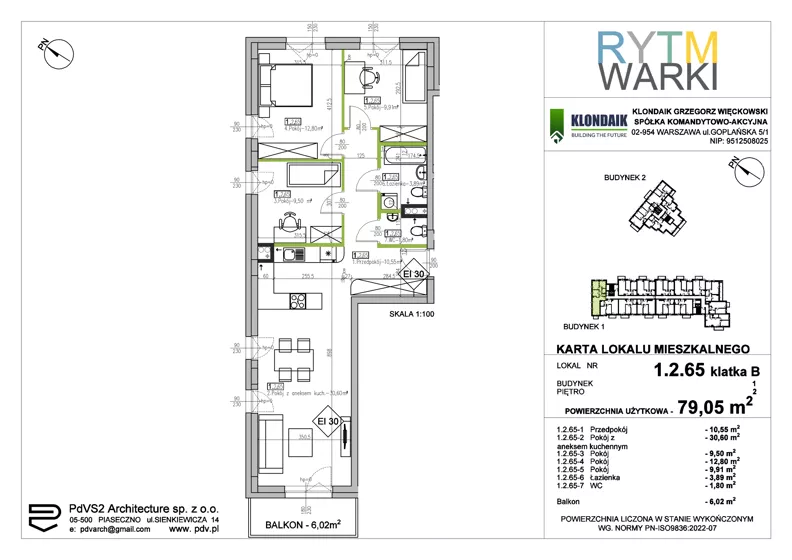 4 pokoje, mieszkanie 79,05 m², piętro 2, oferta nr 1.B.2.65, Rytm Warki, Warka, ul. Armii Krajowej 4A, 4B