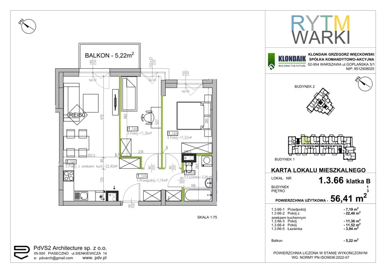 3 pokoje, mieszkanie 56,41 m², piętro 3, oferta nr 1.B.3.66, Rytm Warki, Warka, ul. Armii Krajowej 4A, 4B