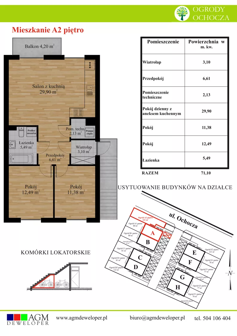 3 pokoje, mieszkanie 71,10 m², piętro 1, oferta nr A2, Ogrody Ochocza, Wrocław, Stabłowice, ul. Ochocza