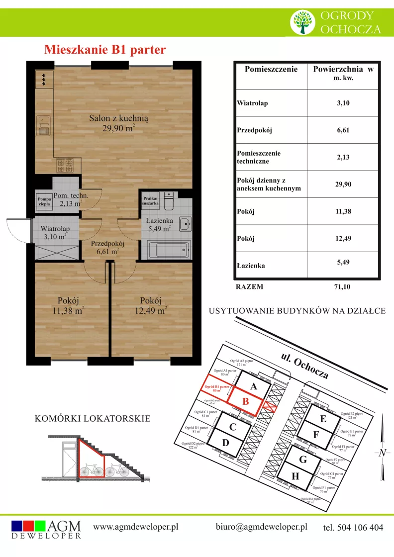 3 pokoje, mieszkanie 71,10 m², parter, oferta nr B1, Ogrody Ochocza, Wrocław, Stabłowice, ul. Ochocza