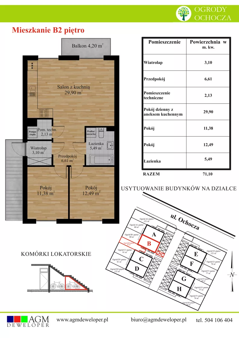 3 pokoje, mieszkanie 71,10 m², piętro 1, oferta nr B2, Ogrody Ochocza, Wrocław, Stabłowice, ul. Ochocza