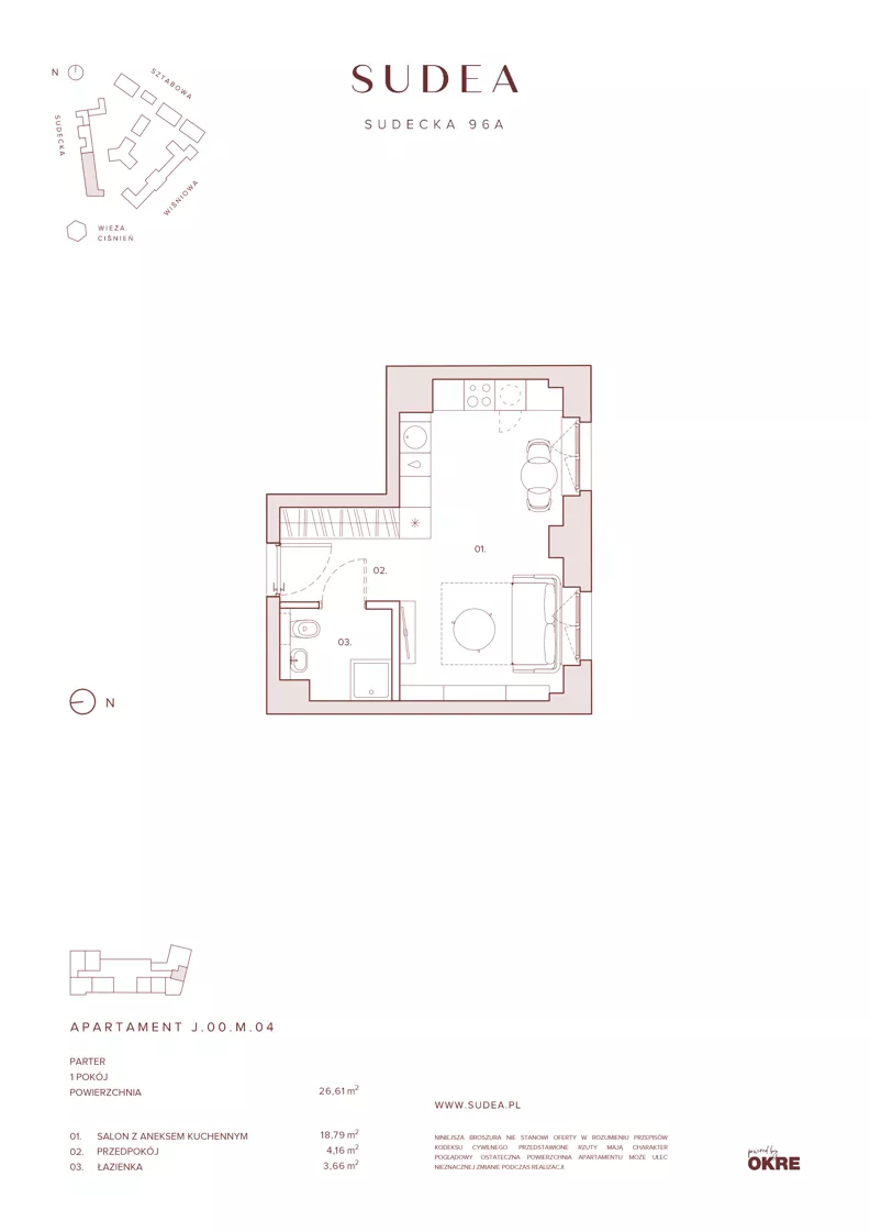 1 pokój, apartament 26,61 m², parter, oferta nr J.00.M.04, SUDEA, Wrocław, Borek, Krzyki, ul. Sudecka