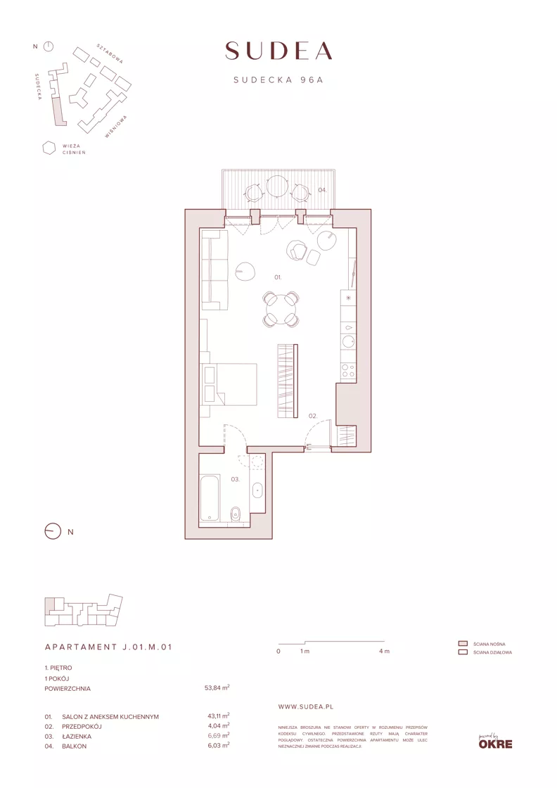 1 pokój, apartament 53,13 m², piętro 1, oferta nr J.01.M.01, SUDEA, Wrocław, Borek, Krzyki, ul. Sudecka