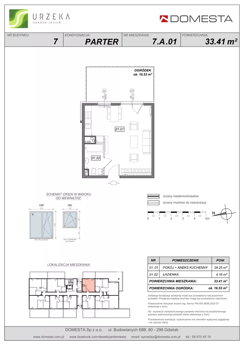 1 pokój, mieszkanie 33,41 m², parter, oferta nr 7.A.01, Urzeka - budynek 7, Gdańsk, Jasień, ul. Guderskiego / Czermińskiego