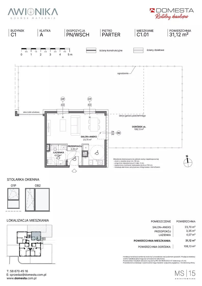 1 pokój, mieszkanie 31,12 m², parter, oferta nr C1.01, Awionika, Gdańsk, Matarnia, ul. Radiowa