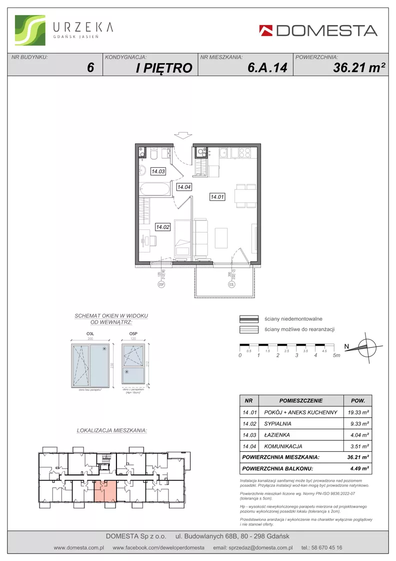 2 pokoje, mieszkanie 36,21 m², piętro 1, oferta nr 6.A.14, Urzeka - budynek 6 , Gdańsk, Jasień, ul. Guderskiego / Czermińskiego