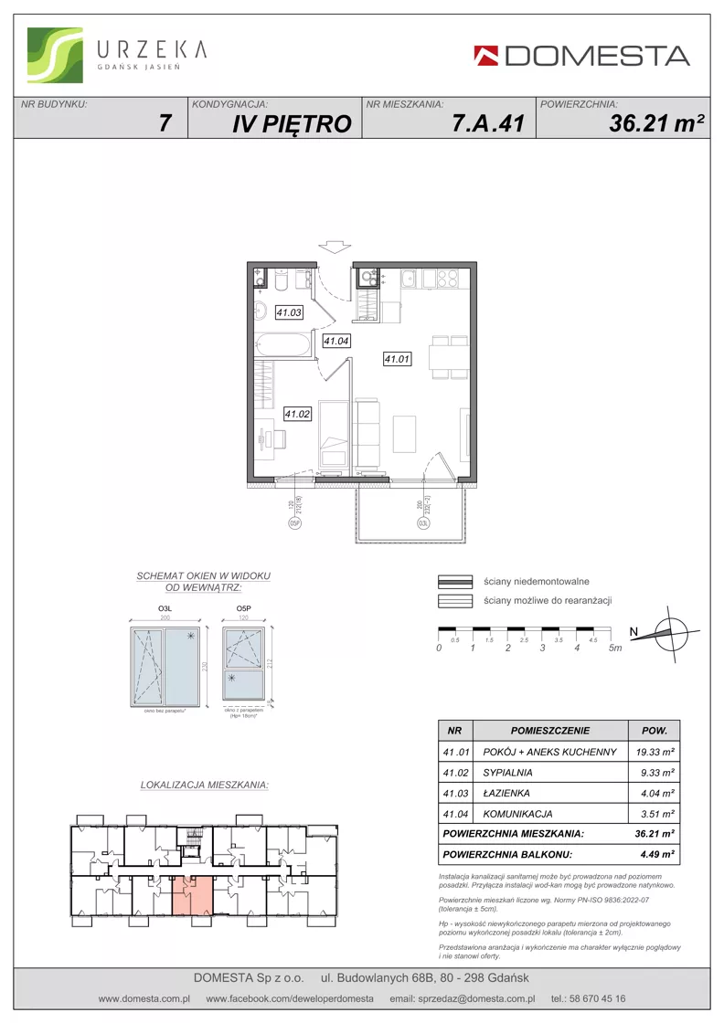 2 pokoje, mieszkanie 36,21 m², piętro 4, oferta nr 7.A.41, Urzeka - budynek 7, Gdańsk, Jasień, ul. Guderskiego / Czermińskiego