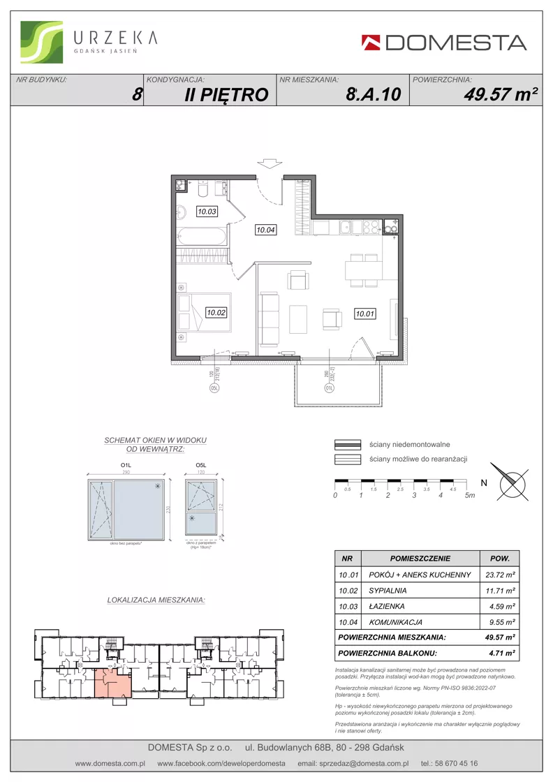 2 pokoje, mieszkanie 49,57 m², piętro 2, oferta nr 8.A.10, Urzeka - budynek 8, Gdańsk, Jasień, ul. Guderskiego / Czermińskiego