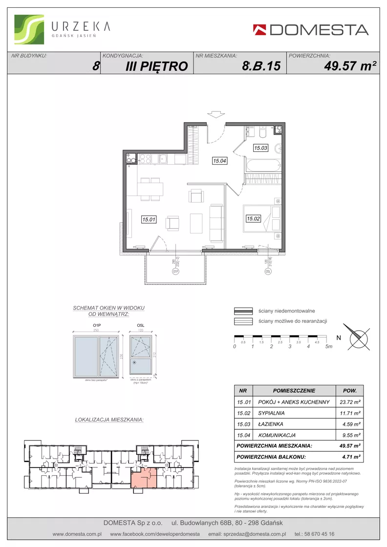 2 pokoje, mieszkanie 49,57 m², piętro 3, oferta nr 8.B.15, Urzeka - budynek 8, Gdańsk, Jasień, ul. Guderskiego / Czermińskiego