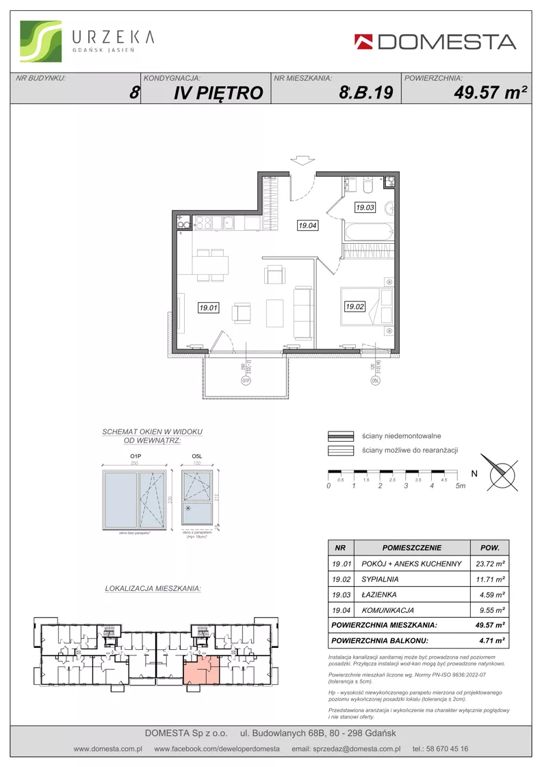 2 pokoje, mieszkanie 49,57 m², piętro 4, oferta nr 8.B.19, Urzeka - budynek 8, Gdańsk, Jasień, ul. Guderskiego / Czermińskiego