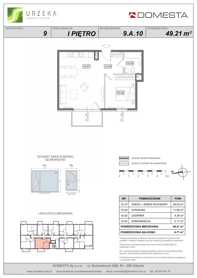 2 pokoje, mieszkanie 49,21 m², piętro 1, oferta nr 9.A.10, Urzeka - budynek 9, Gdańsk, Jasień, ul. Guderskiego / Czermińskiego