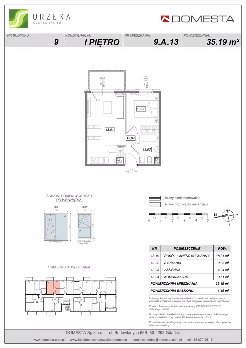 2 pokoje, mieszkanie 35,19 m², piętro 1, oferta nr 9.A.13, Urzeka - budynek 9, Gdańsk, Jasień, ul. Guderskiego / Czermińskiego