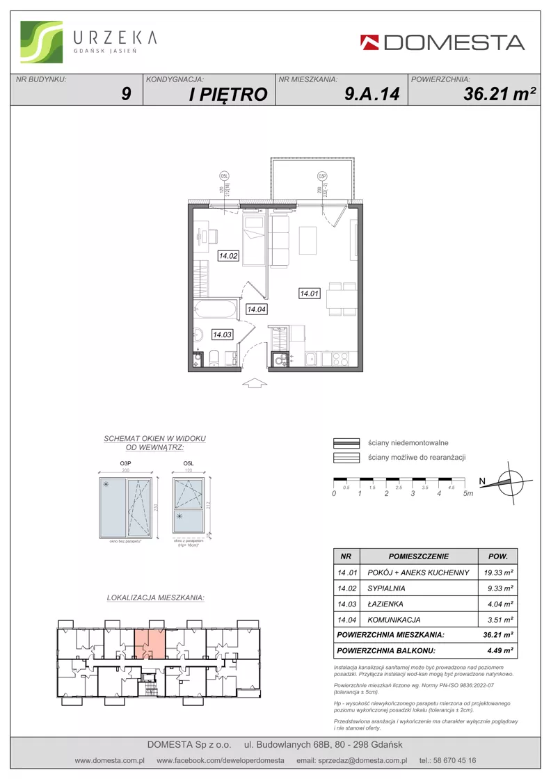 2 pokoje, mieszkanie 36,21 m², piętro 1, oferta nr 9.A.14, Urzeka - budynek 9, Gdańsk, Jasień, ul. Guderskiego / Czermińskiego