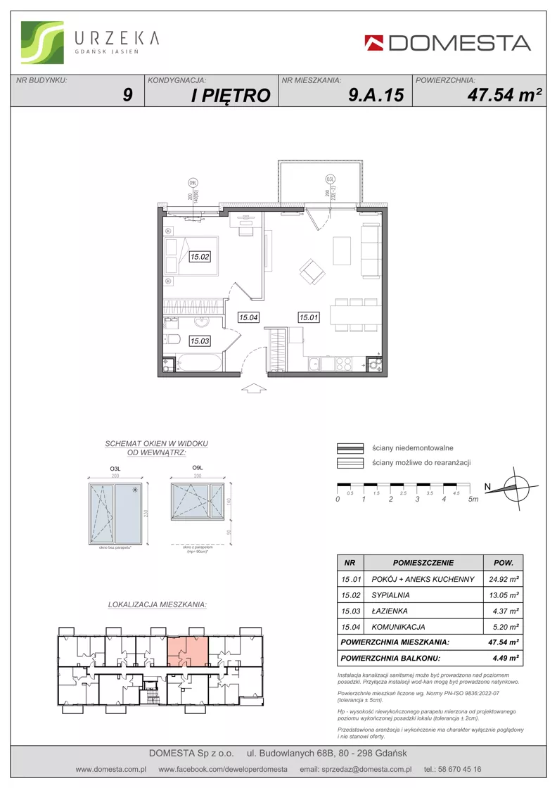 2 pokoje, mieszkanie 47,54 m², piętro 1, oferta nr 9.A.15, Urzeka - budynek 9, Gdańsk, Jasień, ul. Guderskiego / Czermińskiego