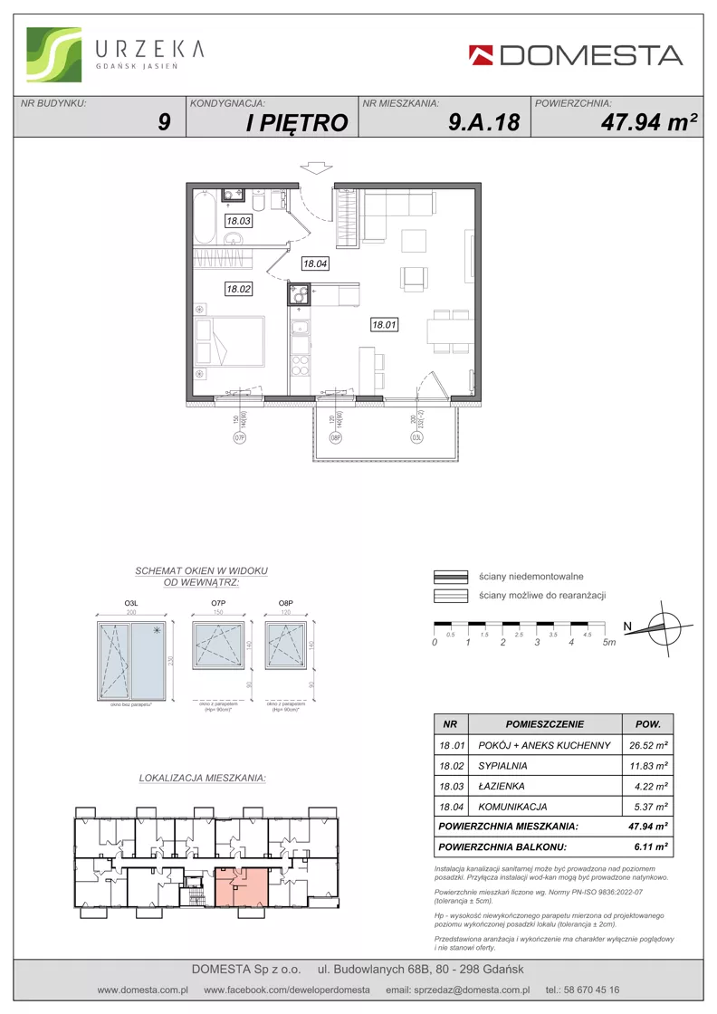 2 pokoje, mieszkanie 47,94 m², piętro 1, oferta nr 9.A.18, Urzeka - budynek 9, Gdańsk, Jasień, ul. Guderskiego / Czermińskiego