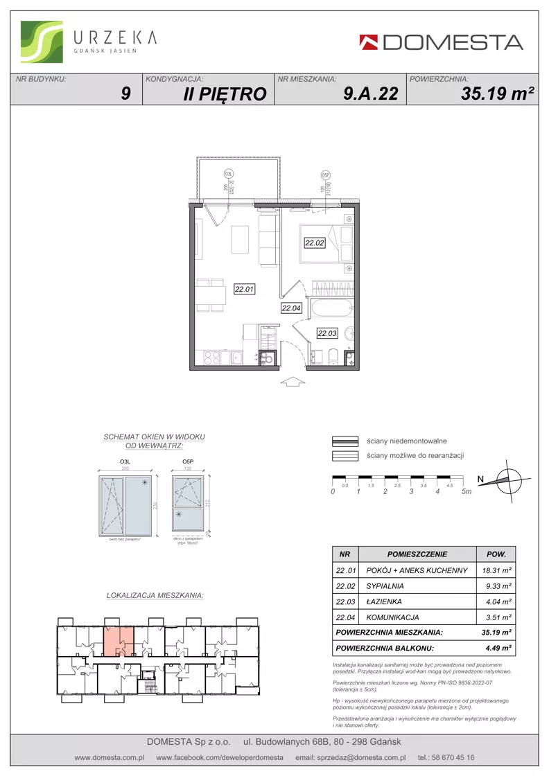 2 pokoje, mieszkanie 35,19 m², piętro 2, oferta nr 9.A.22, Urzeka - budynek 9, Gdańsk, Jasień, ul. Guderskiego / Czermińskiego