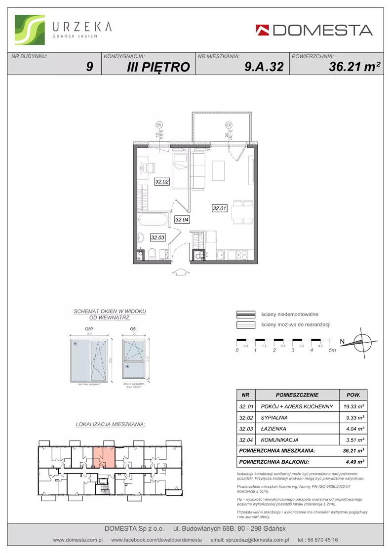 2 pokoje, mieszkanie 36,21 m², piętro 3, oferta nr 9.A.32, Urzeka - budynek 9, Gdańsk, Jasień, ul. Guderskiego / Czermińskiego