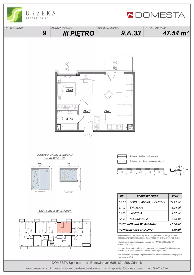 2 pokoje, mieszkanie 47,54 m², piętro 3, oferta nr 9.A.33, Urzeka - budynek 9, Gdańsk, Jasień, ul. Guderskiego / Czermińskiego