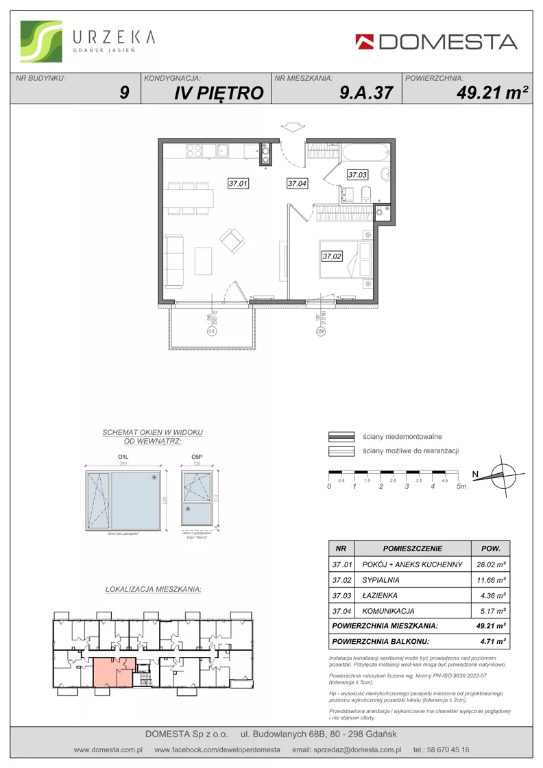 2 pokoje, mieszkanie 49,21 m², piętro 4, oferta nr 9.A.37, Urzeka - budynek 9, Gdańsk, Jasień, ul. Guderskiego / Czermińskiego