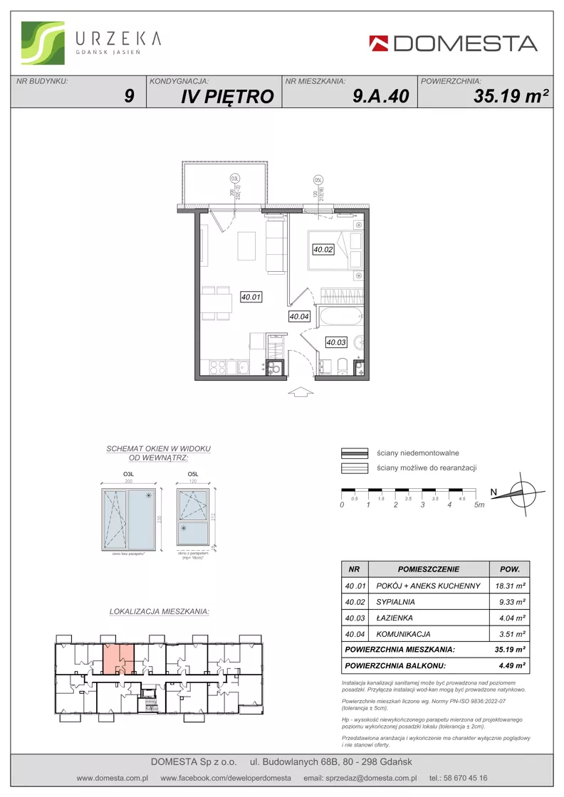 2 pokoje, mieszkanie 35,19 m², piętro 4, oferta nr 9.A.40, Urzeka - budynek 9, Gdańsk, Jasień, ul. Guderskiego / Czermińskiego