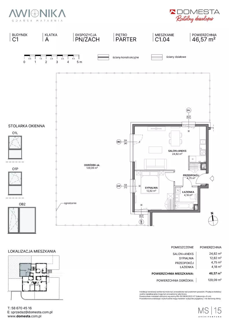 2 pokoje, mieszkanie 46,57 m², parter, oferta nr C1.04, Awionika, Gdańsk, Matarnia, ul. Radiowa