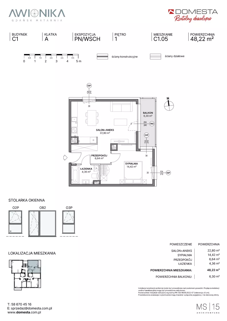 2 pokoje, mieszkanie 48,22 m², piętro 1, oferta nr C1.05, Awionika, Gdańsk, Matarnia, ul. Radiowa