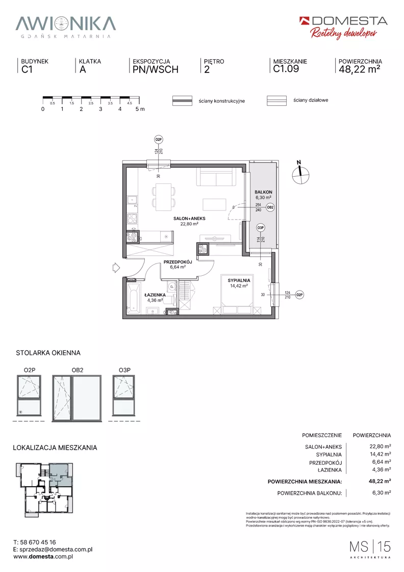 2 pokoje, mieszkanie 48,22 m², piętro 2, oferta nr C1.09, Awionika, Gdańsk, Matarnia, ul. Radiowa