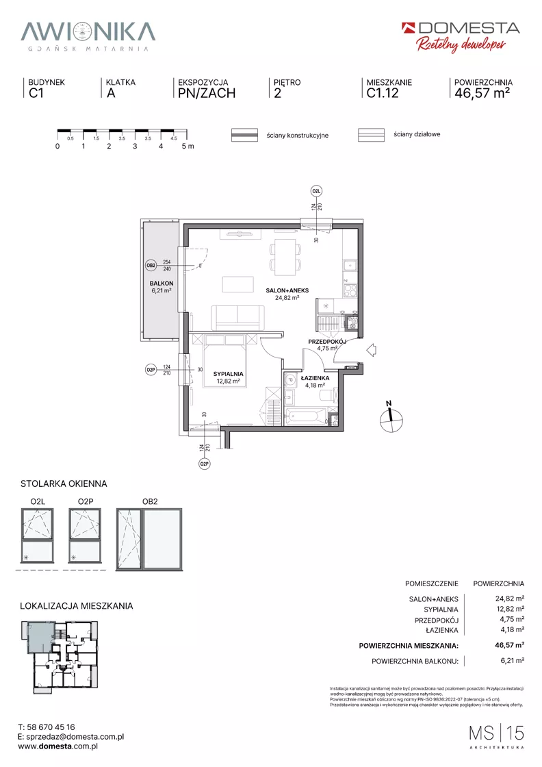 2 pokoje, mieszkanie 46,57 m², piętro 2, oferta nr C1.12, Awionika, Gdańsk, Matarnia, ul. Radiowa