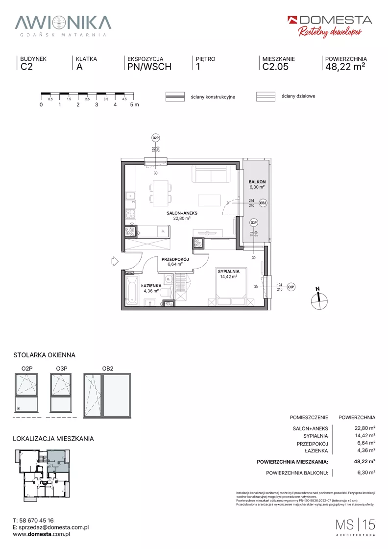 2 pokoje, mieszkanie 48,22 m², piętro 1, oferta nr C2.05, Awionika, Gdańsk, Matarnia, ul. Radiowa
