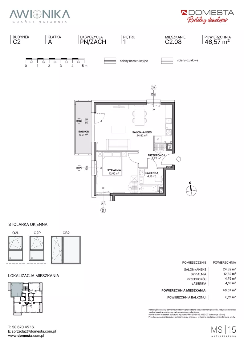 2 pokoje, mieszkanie 46,57 m², piętro 1, oferta nr C2.08, Awionika, Gdańsk, Matarnia, ul. Radiowa