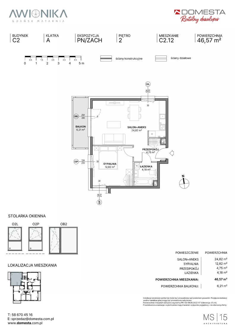 2 pokoje, mieszkanie 46,57 m², piętro 2, oferta nr C2.12, Awionika, Gdańsk, Matarnia, ul. Radiowa