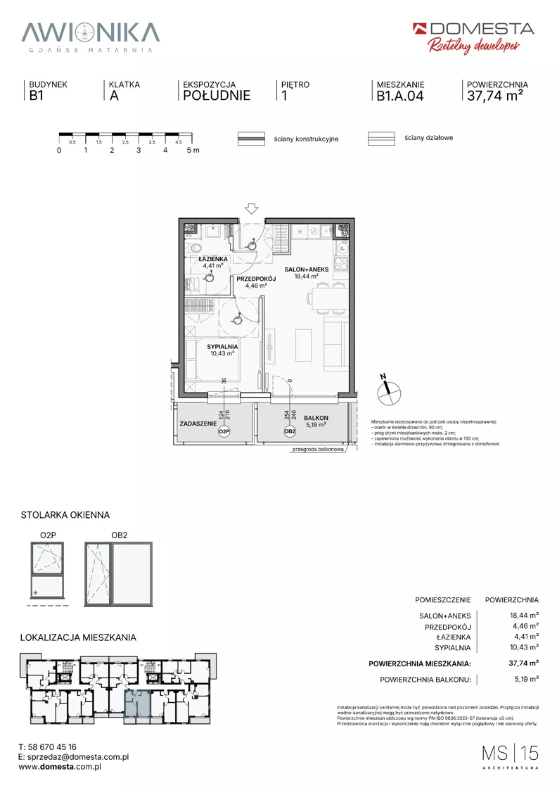 2 pokoje, mieszkanie 37,74 m², piętro 1, oferta nr B1.A.04, Awionika, Gdańsk, Matarnia, ul. Radiowa