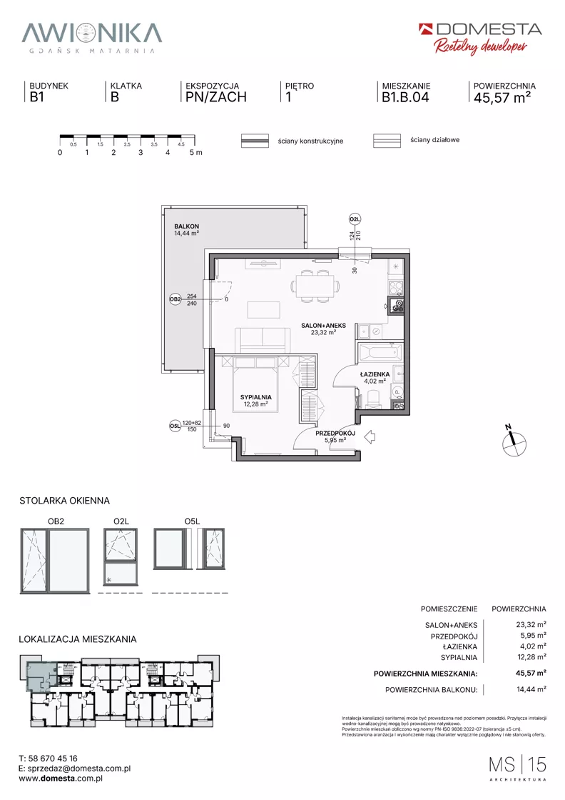 2 pokoje, mieszkanie 45,57 m², piętro 1, oferta nr B1.B.04, Awionika, Gdańsk, Matarnia, ul. Radiowa