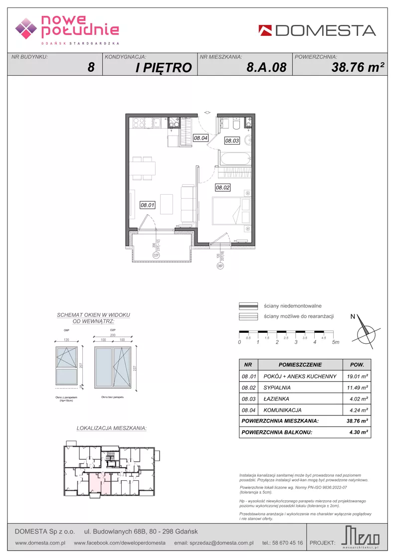 2 pokoje, mieszkanie 38,76 m², piętro 1, oferta nr 8.A.08, Nowe Południe - budynek 8, Gdańsk, Orunia Górna-Gdańsk Południe, Maćkowy, ul. Starogrodzka / Borkowska