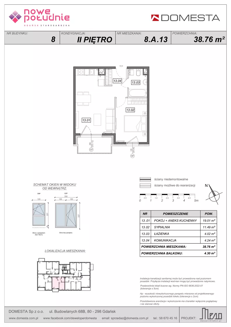 2 pokoje, mieszkanie 38,76 m², piętro 2, oferta nr 8.A.13, Nowe Południe - budynek 8, Gdańsk, Orunia Górna-Gdańsk Południe, Maćkowy, ul. Starogrodzka / Borkowska