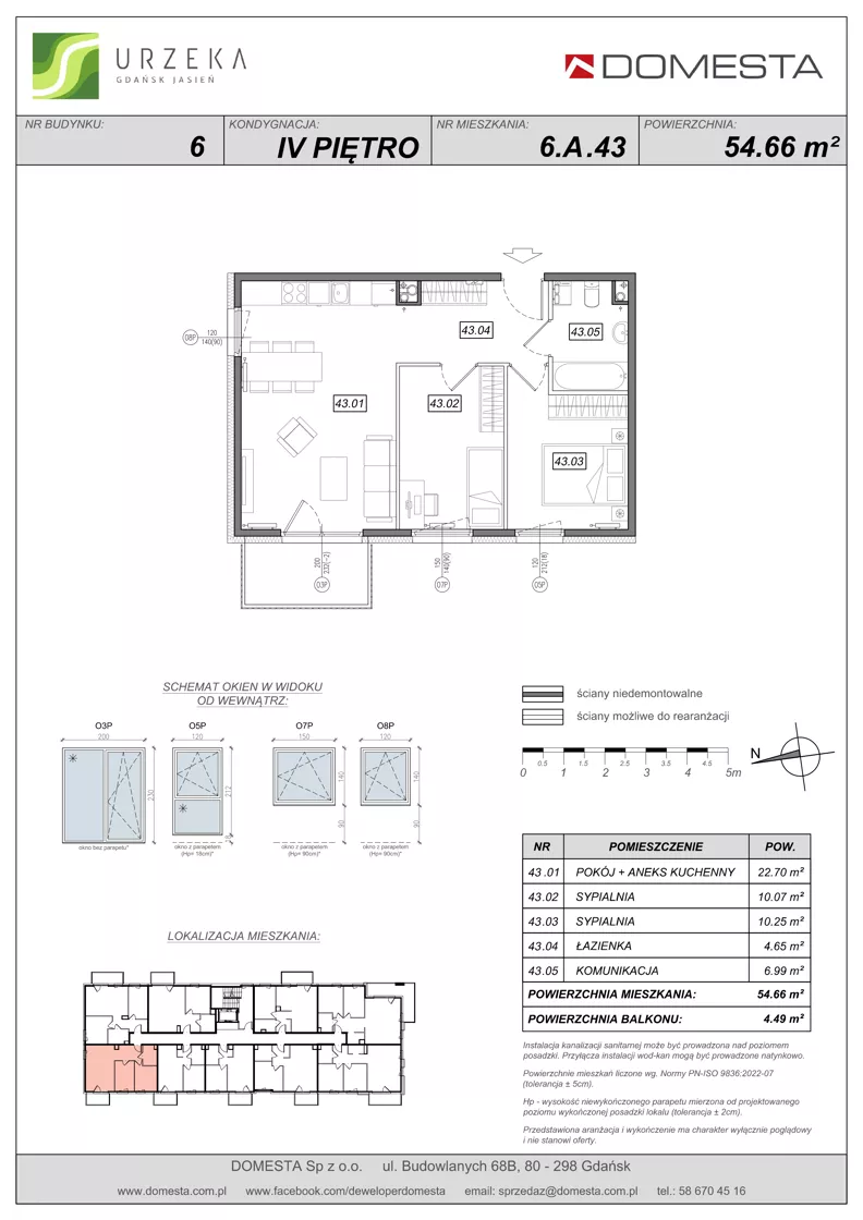 3 pokoje, mieszkanie 54,66 m², piętro 4, oferta nr 6.A.43, Urzeka - budynek 6 , Gdańsk, Jasień, ul. Guderskiego / Czermińskiego