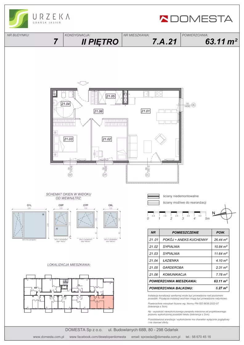 3 pokoje, mieszkanie 63,11 m², piętro 2, oferta nr 7.A.21, Urzeka - budynek 7, Gdańsk, Jasień, ul. Guderskiego / Czermińskiego