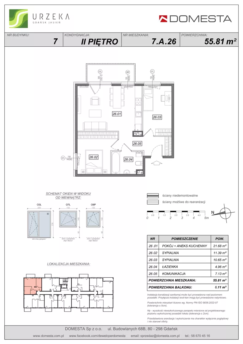 3 pokoje, mieszkanie 55,81 m², piętro 2, oferta nr 7.A.26, Urzeka - budynek 7, Gdańsk, Jasień, ul. Guderskiego / Czermińskiego