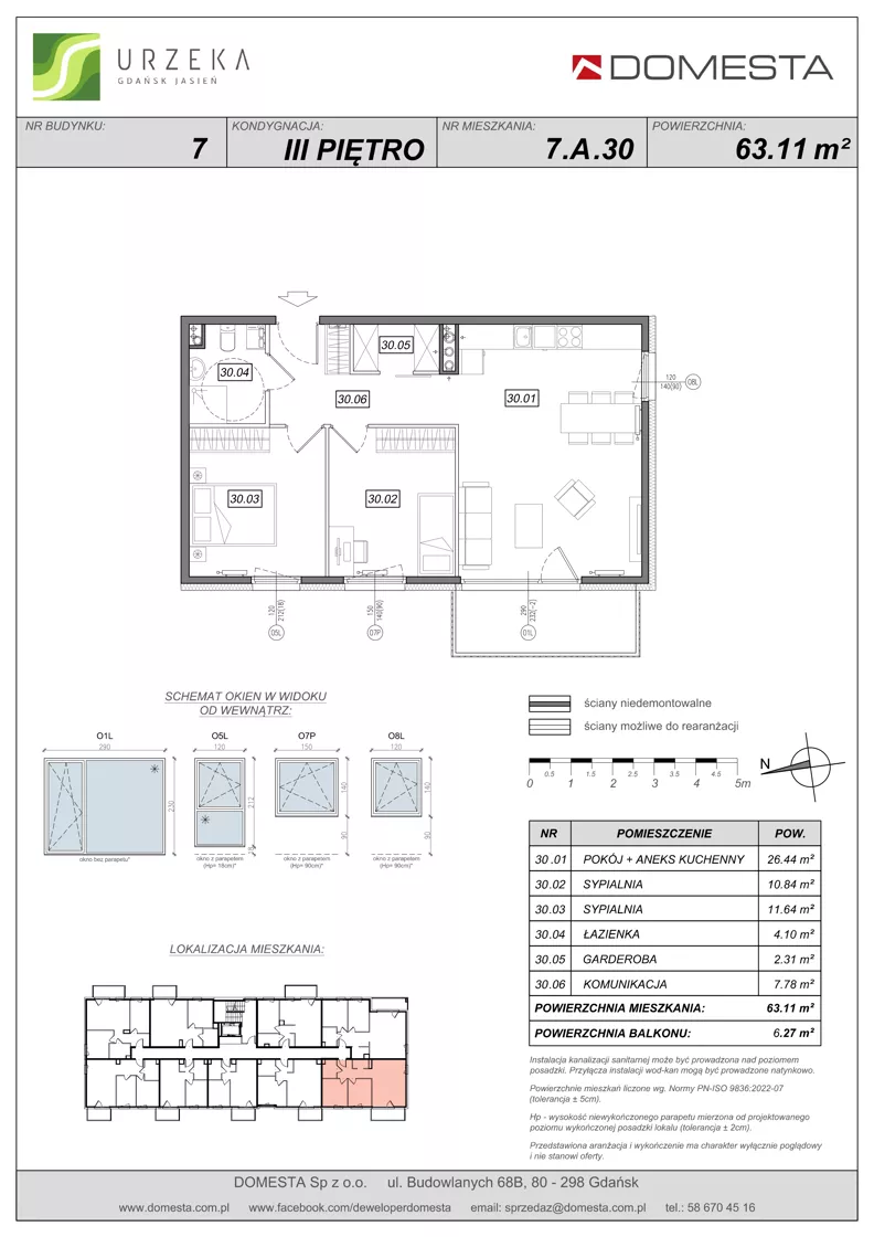 3 pokoje, mieszkanie 63,11 m², piętro 3, oferta nr 7.A.30, Urzeka - budynek 7, Gdańsk, Jasień, ul. Guderskiego / Czermińskiego