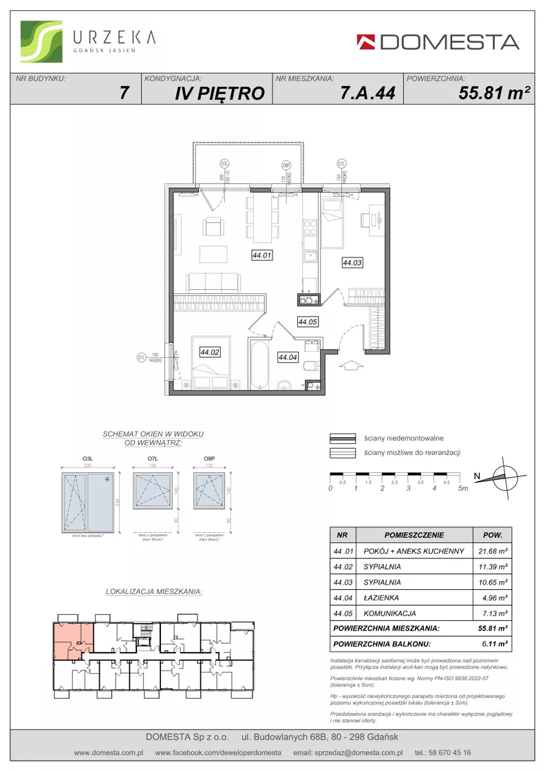 3 pokoje, mieszkanie 55,81 m², piętro 4, oferta nr 7.A.44, Urzeka - budynek 7, Gdańsk, Jasień, ul. Guderskiego / Czermińskiego