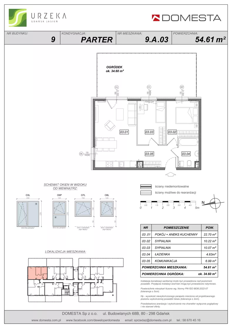 3 pokoje, mieszkanie 54,61 m², parter, oferta nr 9.A.03, Urzeka - budynek 9, Gdańsk, Jasień, ul. Guderskiego / Czermińskiego