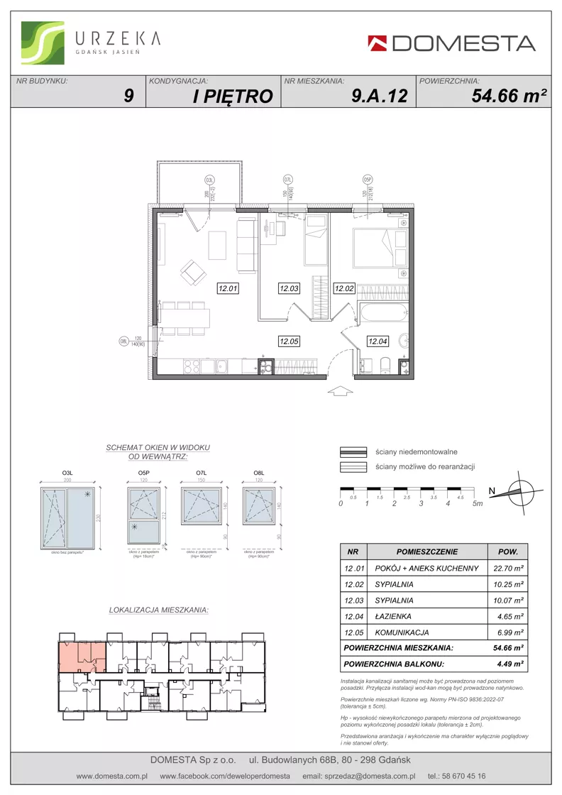 3 pokoje, mieszkanie 54,66 m², piętro 1, oferta nr 9.A.12, Urzeka - budynek 9, Gdańsk, Jasień, ul. Guderskiego / Czermińskiego