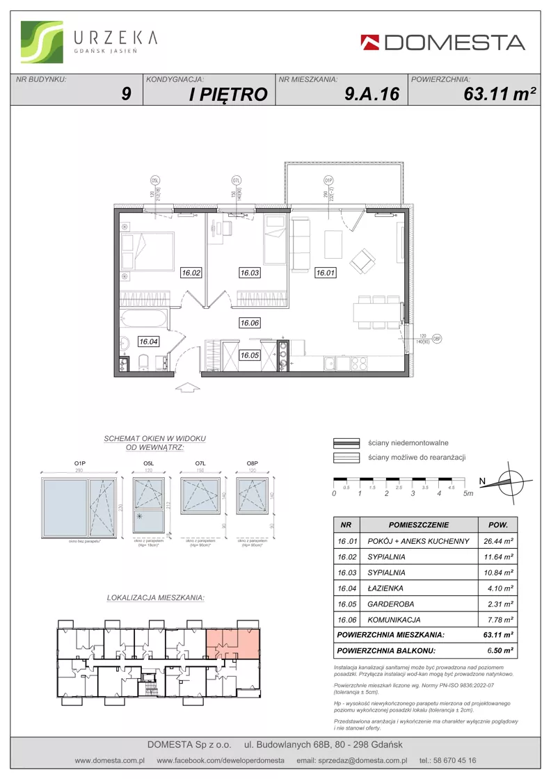 3 pokoje, mieszkanie 63,11 m², piętro 1, oferta nr 9.A.16, Urzeka - budynek 9, Gdańsk, Jasień, ul. Guderskiego / Czermińskiego