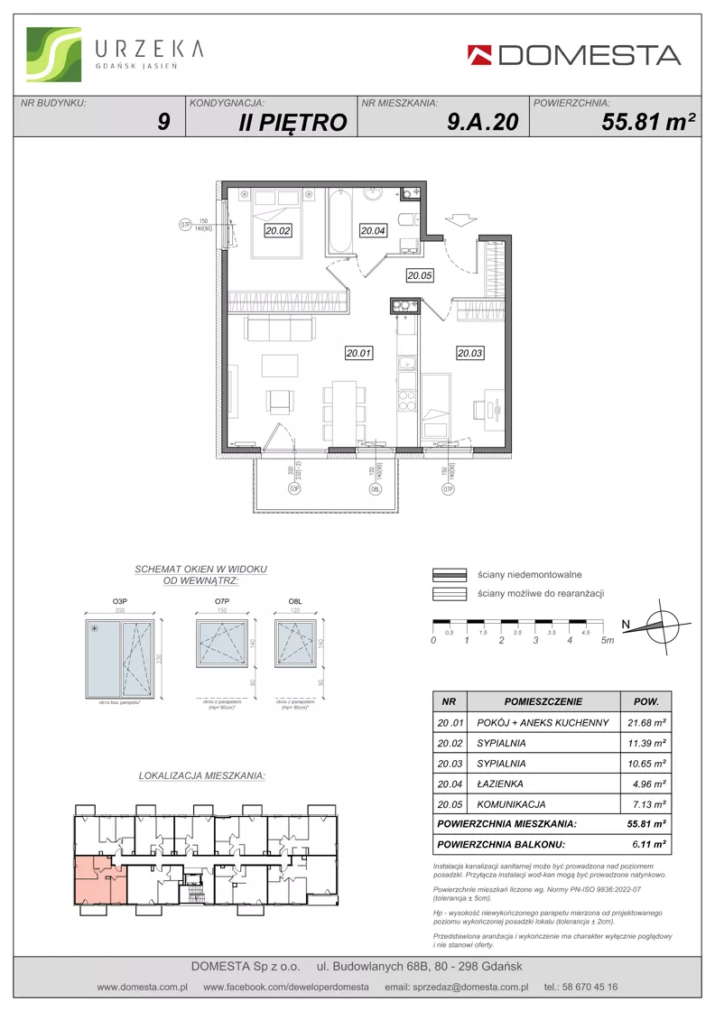 3 pokoje, mieszkanie 55,81 m², piętro 2, oferta nr 9.A.20, Urzeka - budynek 9, Gdańsk, Jasień, ul. Guderskiego / Czermińskiego