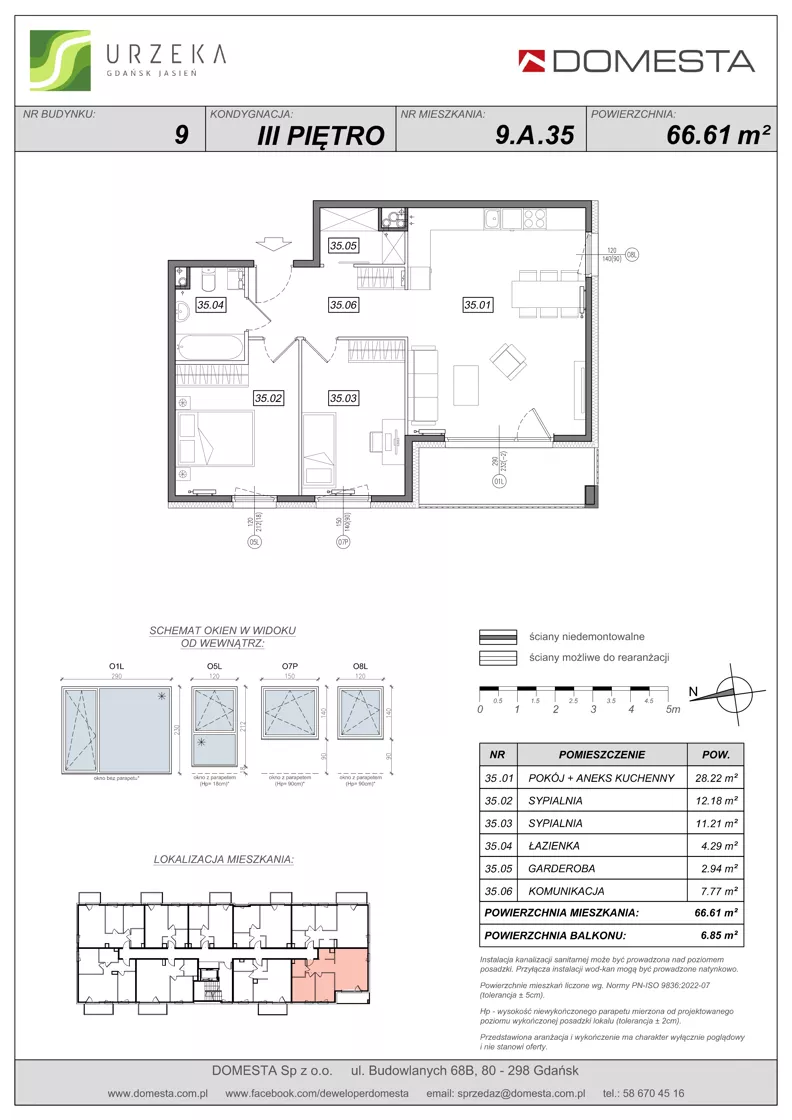 3 pokoje, mieszkanie 66,61 m², piętro 3, oferta nr 9.A.35, Urzeka - budynek 9, Gdańsk, Jasień, ul. Guderskiego / Czermińskiego