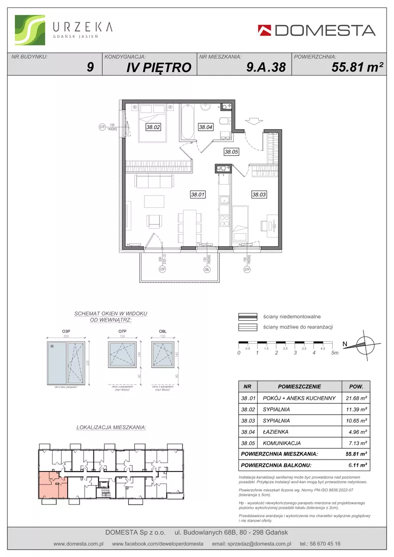 3 pokoje, mieszkanie 55,81 m², piętro 4, oferta nr 9.A.38, Urzeka - budynek 9, Gdańsk, Jasień, ul. Guderskiego / Czermińskiego